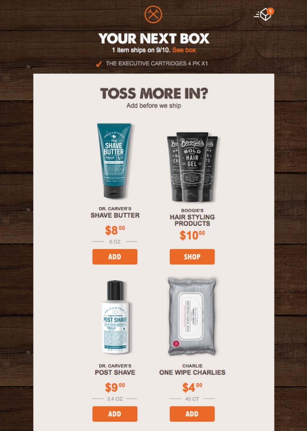 Dollar Shave Club uses a post-purchase upsell to add items to an order before shipping.