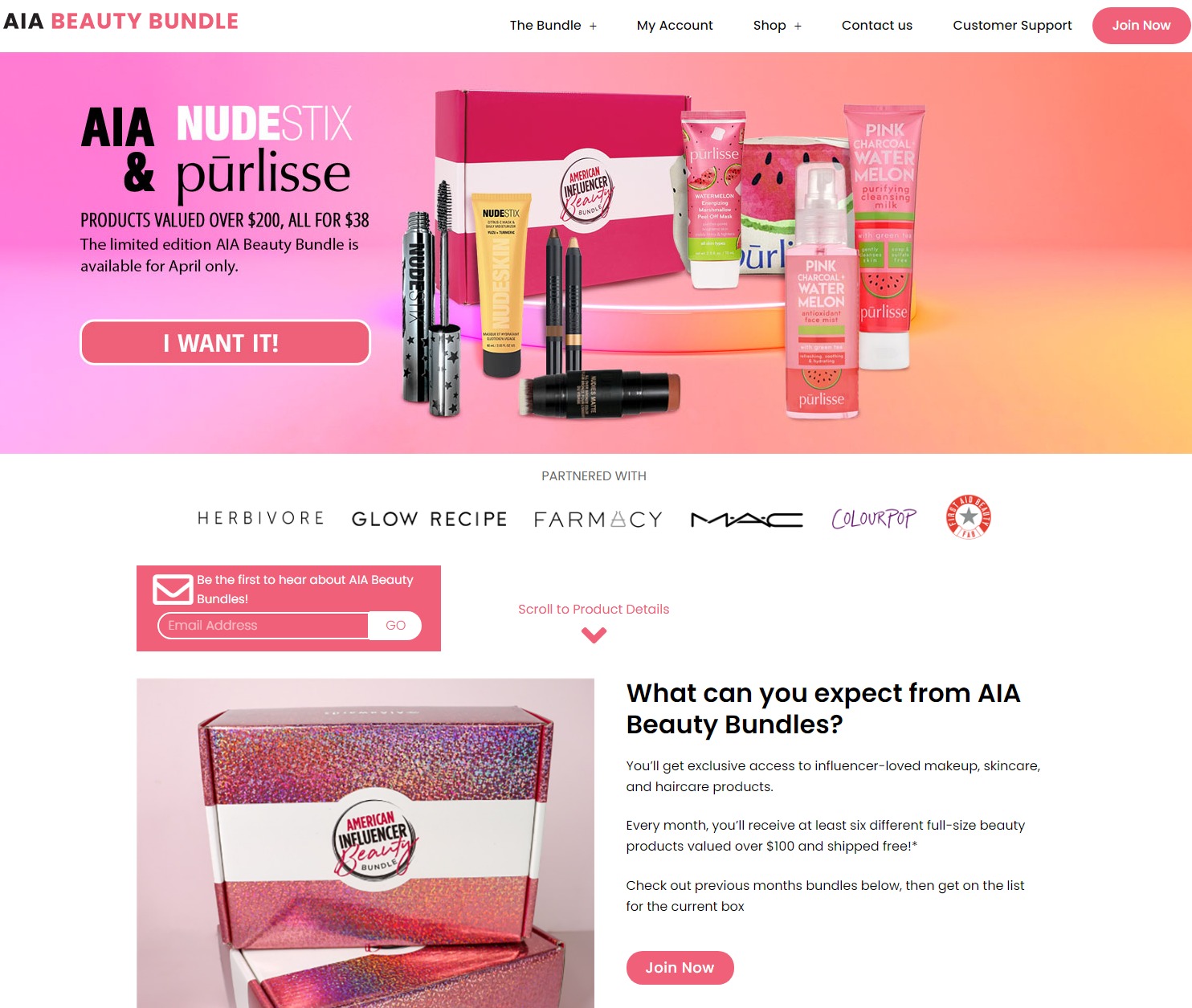 Screenshot from AIA Beauty Bundle's homepage, showing the monthly subscription deal