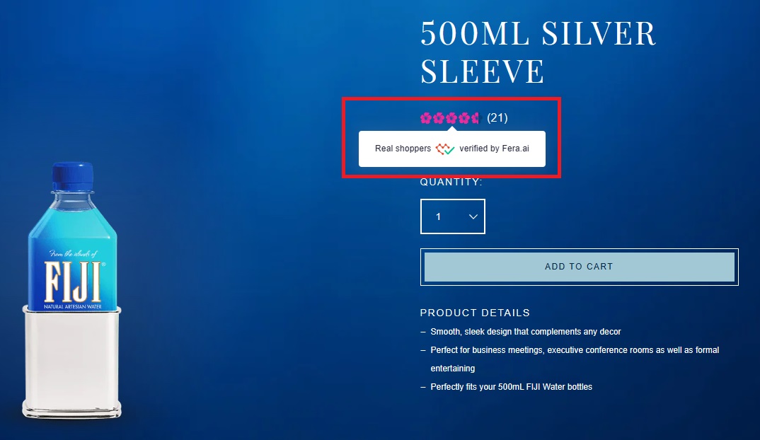 Screenshot of Fiji Water's revamped e-commerce site with customer reviews