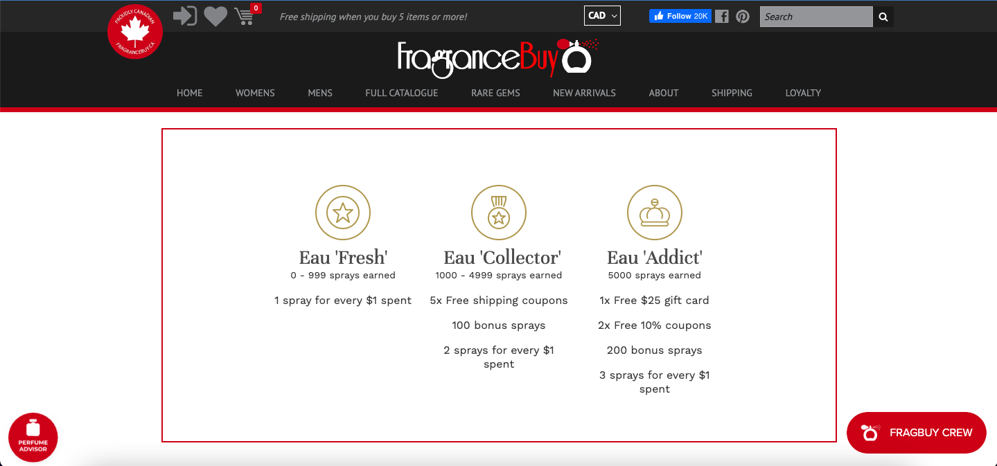 Fragrance Buy offers a tiered loyalty program to emphasize reward.