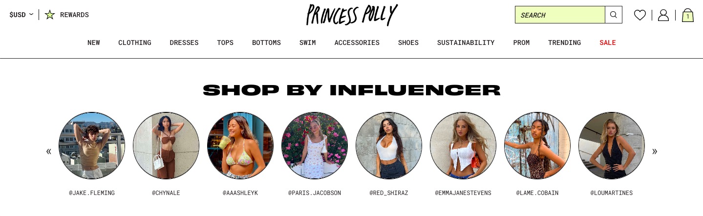 Princess Polly advertises fashion into influencer-specific groups.