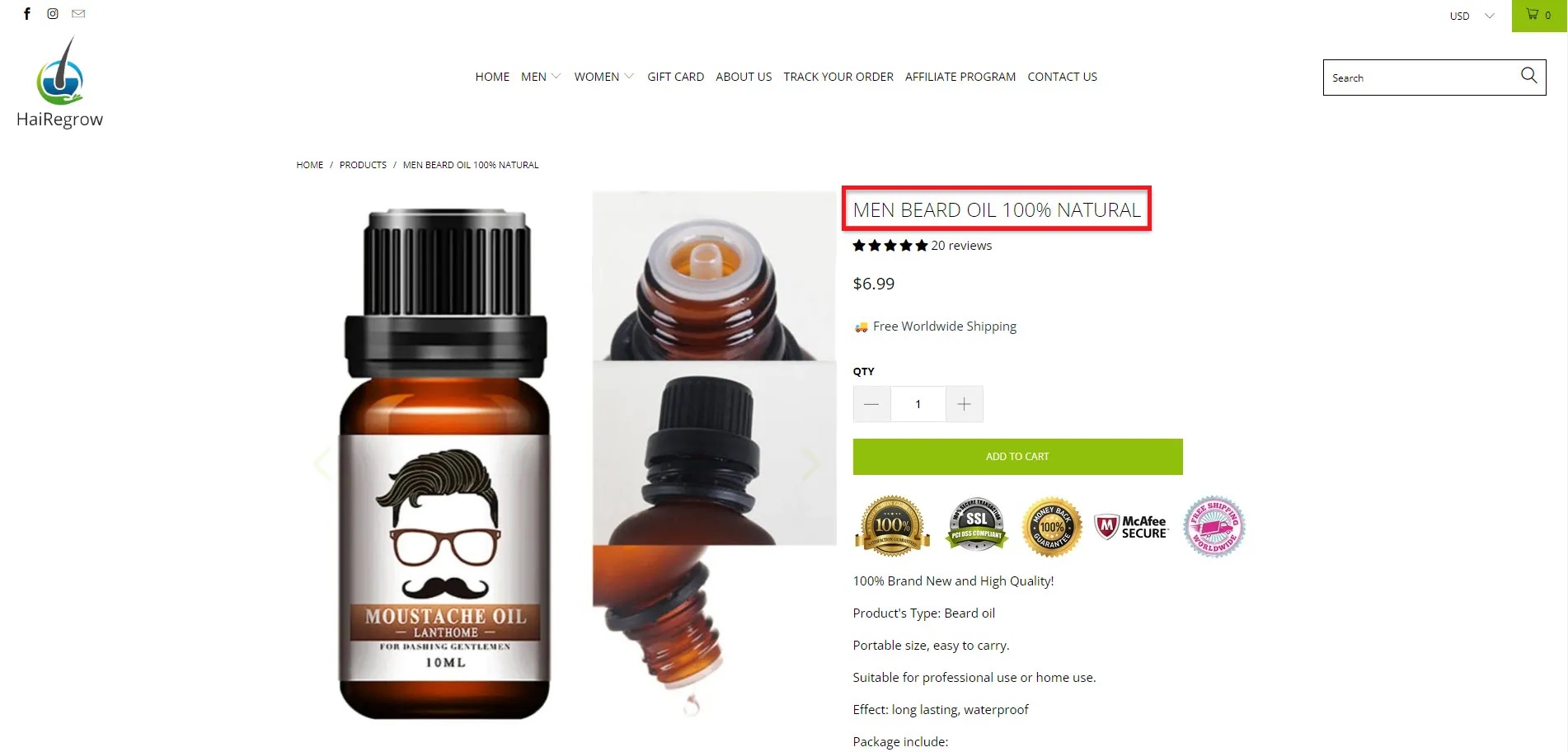 Screenshot of HaiRegrow's beard oil product page as an example of an irresistible eCommerce product description
