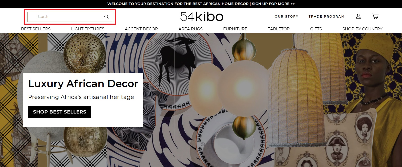 Screenshot of 54kibo's revamped e-commerce site with a prominent search bar