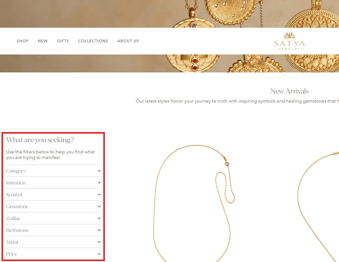 A screenshot showing Satya Jewelry's custom search filters