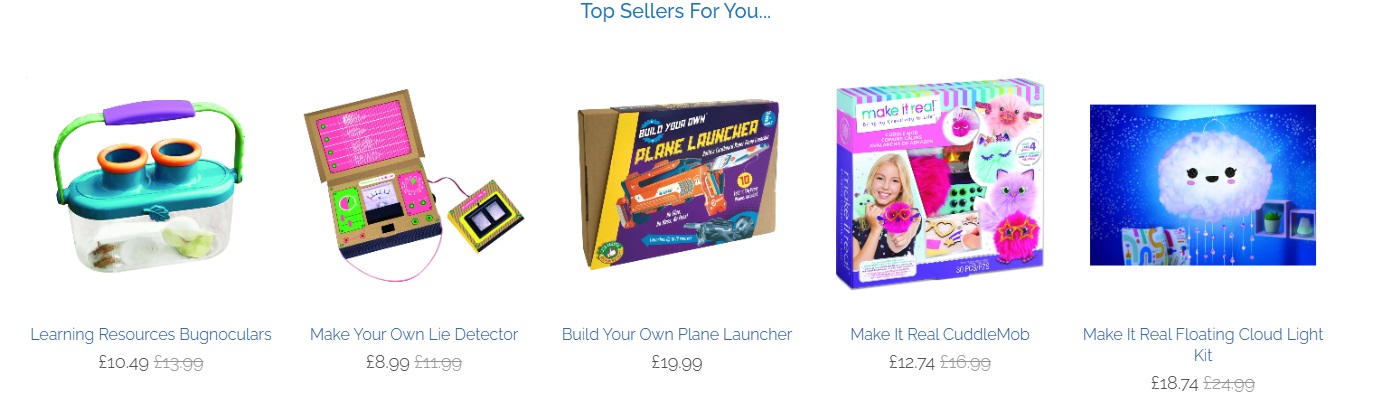 Screenshot of personalized top seller recommendations on Bright Minds's e-commerce store
