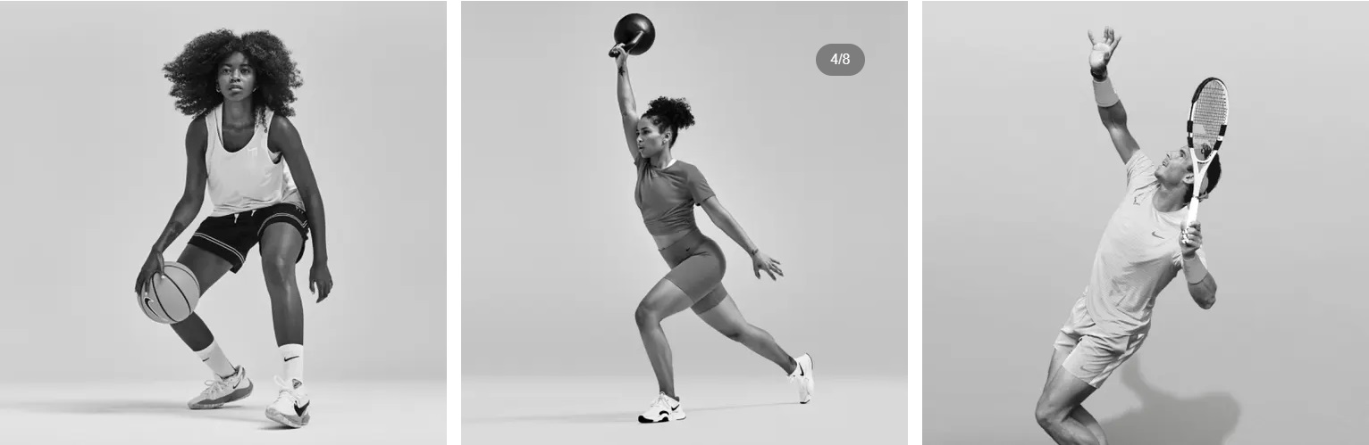 Screenshot of Nike's website when browsing by sport. This includes a woman playing basketball, a woman exercising with weights and a man playing tennis.