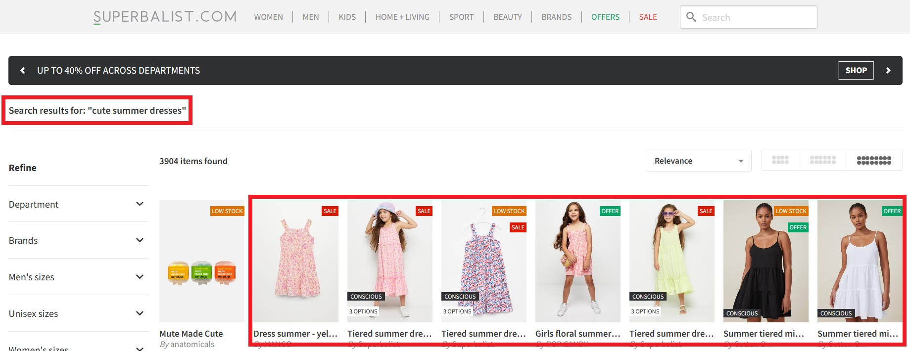 Screen shot of Superbalist's search results when looking "cute summer dresses"