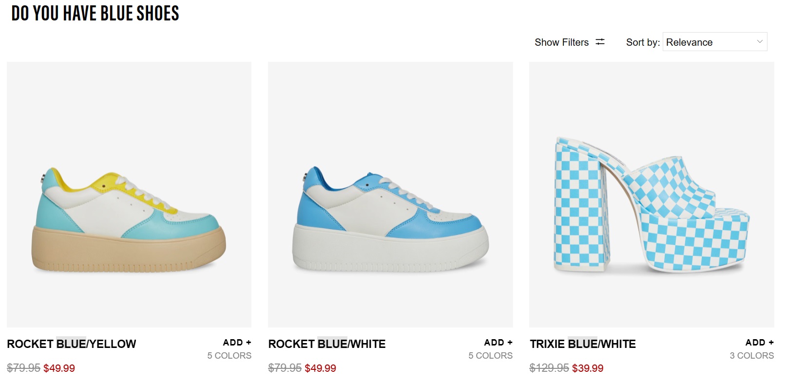 Screen shot of Steven Madden's website after searching for "Do you have blue shoes?"a website page with four different shoes on it