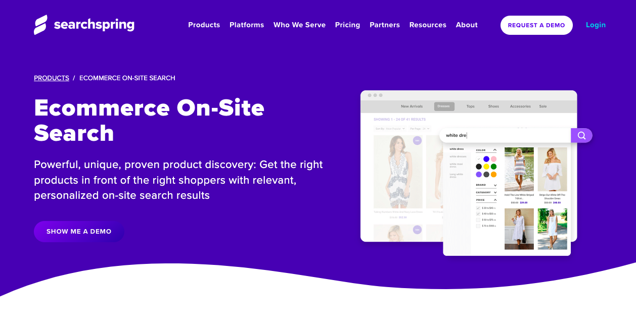 a purple web page with the words ecommer on site search