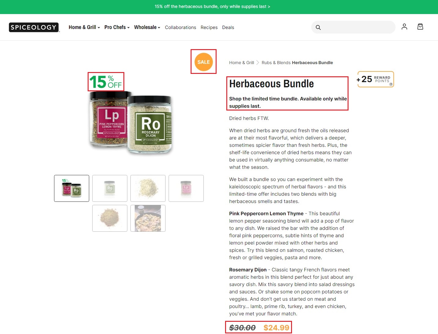 Screenshot of Spiceology's website, showing the "Herbaceous Bundle" deal