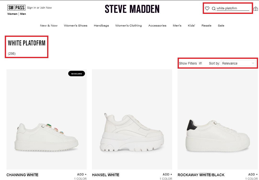 A screenshot of Steve Madden store's search results
