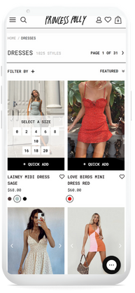 Princess Polly mobile app search for dresses