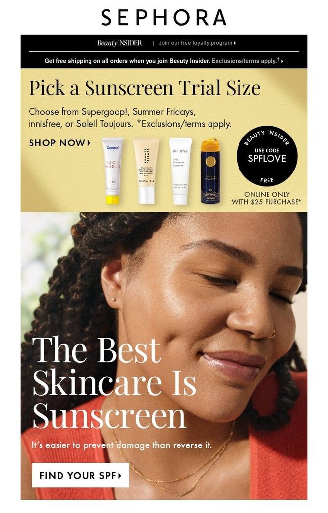 a Sephora email for a skin care product with a woman's face