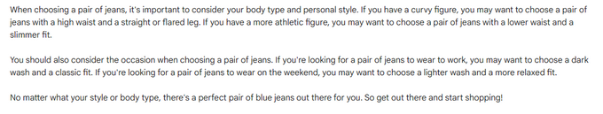 Google Bard responses to shopping for blue jeans prompt