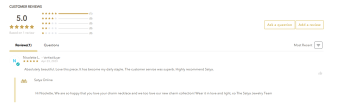 Screenshot of a customer review on Satya Jewelry's product page