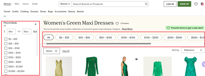 A screenshot of a clothing store's pricing search filters