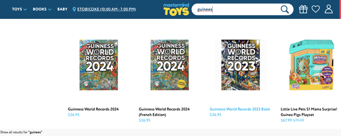 a screen shot of the toys section of a website