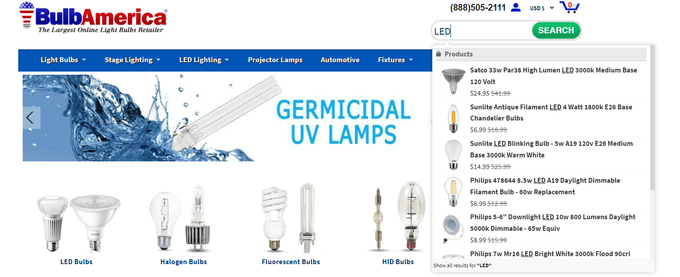a web page of Bulb America, a lighting store