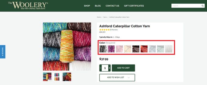 Screen shot of The Woolery's product page for Ashford Caterpillar Cotton Yarn with a red box highlighting the different color variants