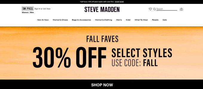 Screenshot of Steve Madden's seasonal fall sale