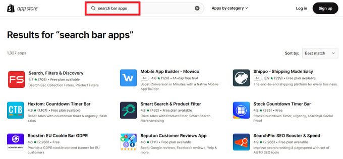 Adding Shopify Search Bar-search in app store