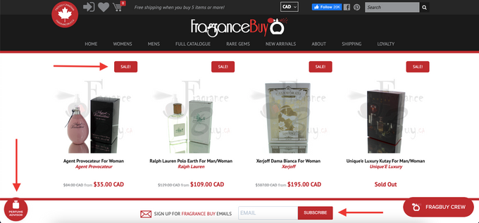 Fragrance Buy uses red to pull focus to certain actions on their site.