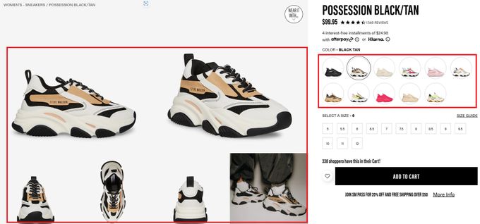 Screenshot of shoes on Steve Madden's online store as an example of using visual merchandising to increase customer engagement