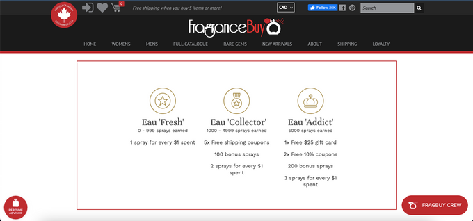 Fragrance Buy offers a tiered loyalty program to emphasize reward.
