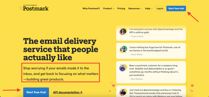 Postmark's site encourages confident accessibility with the use of yellow.