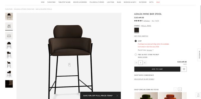 A screenshot of a product page with a bar stool featuring 360-degree views