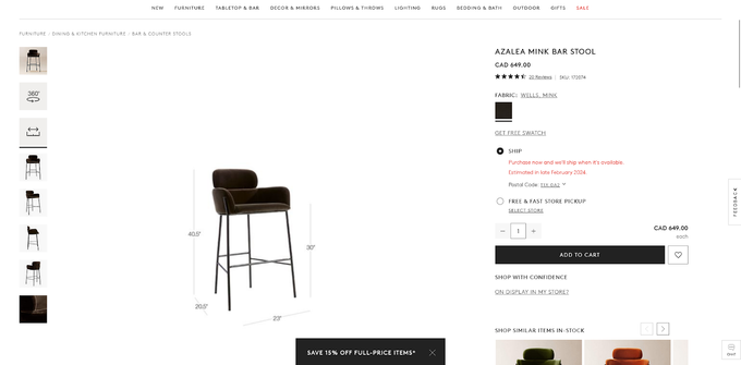 Screenshot of a product page on Crate and Barrel with a chair in augmented reality