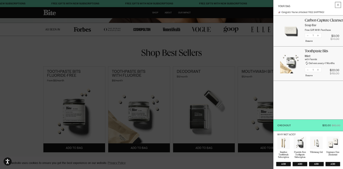 Screenshot of the checkout banner on Bite Beauty showing upsell functionality
