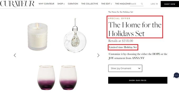 Screenshot of CURATEUR's website, showing the Home for the Holidays Bundle deal
