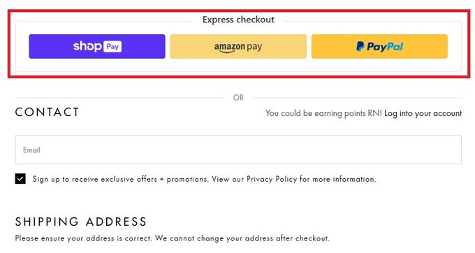 Screenshot of Princess Polly offering express checkout options on their website