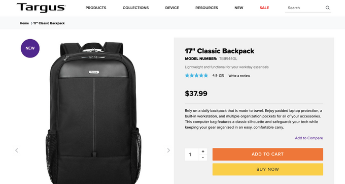 a black backpack with a price tag and 5 star rating on it