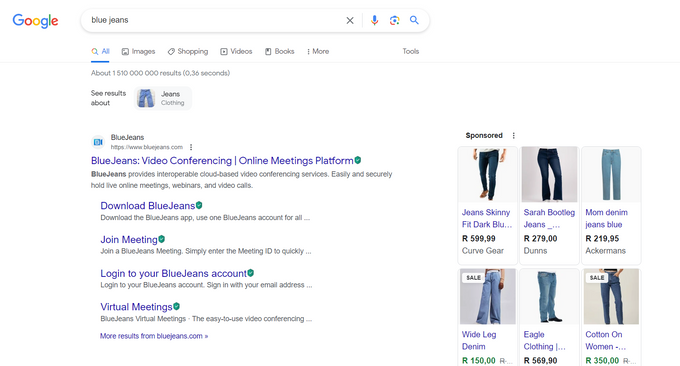 Screenshot of a Google Search example: Searching for blue jeans