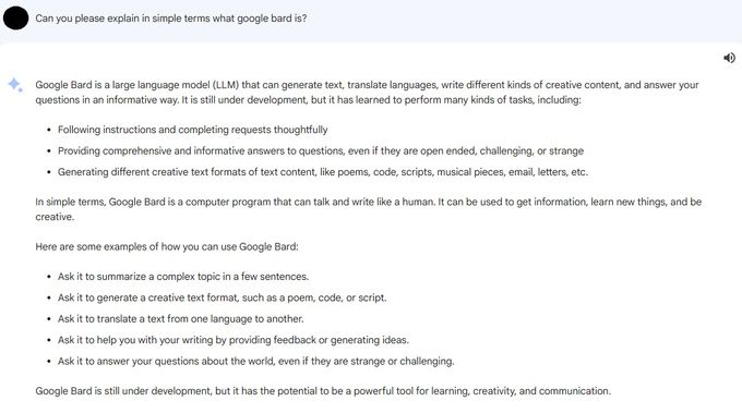 Screenshot of asking Google Bard to decsribe itself