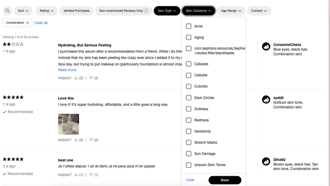 a screen shot of a  Sephora web page with product reviews and personalized filters