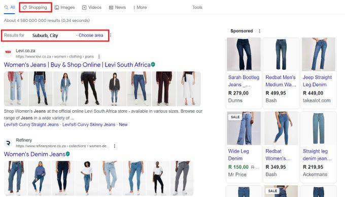 Illustrative example of shopping for blue jeans via Google Search