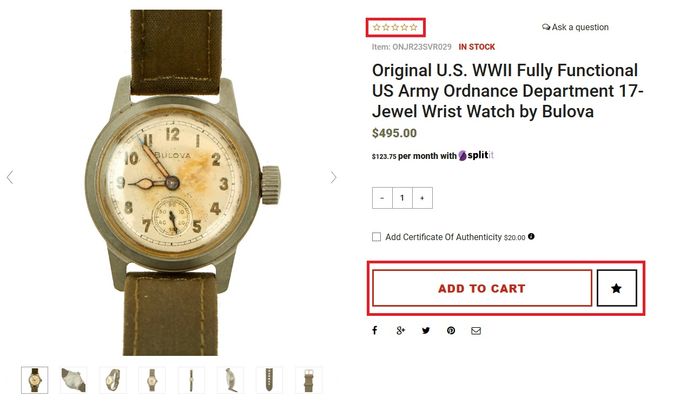 Screenshot of IMA's product page of a watch with the star rating and CTAs highlighted as example of how to enhance merchandising strategies for niche products
