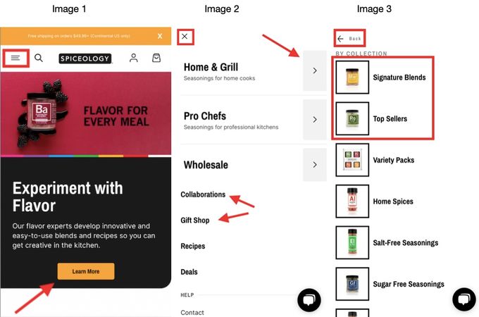 Spiceology uses different navigation techniques to maintain a visual hierarchy.