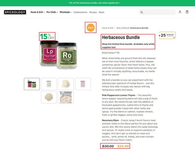 Screenshot of Spiceology's website, showing the "Herbaceous Bundle" deal
