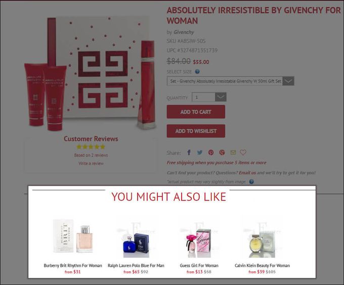 A website page for a women's perfume store showing upselling and cross-selling strategies