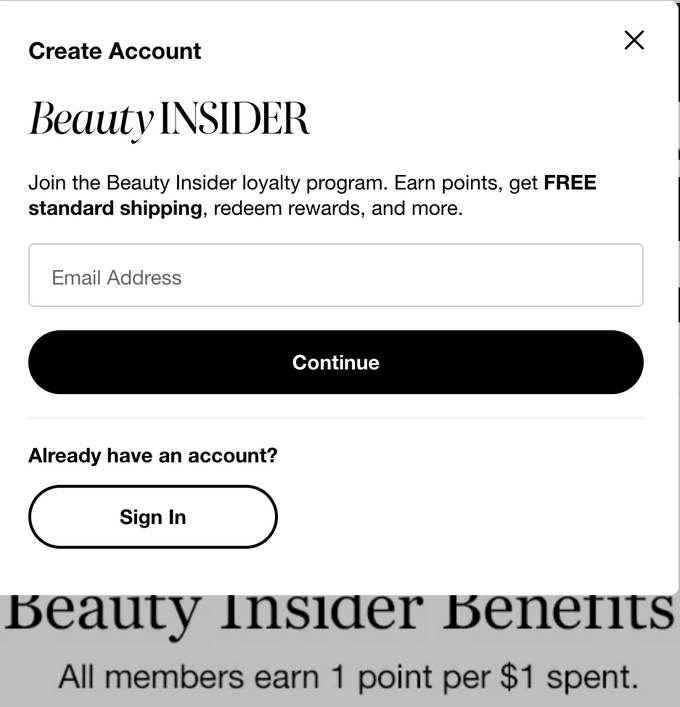 a sign up form for a beauty insider account