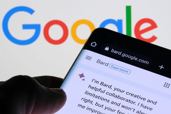 A person holding a cell phone open to Google Bard in front of the Google homepage