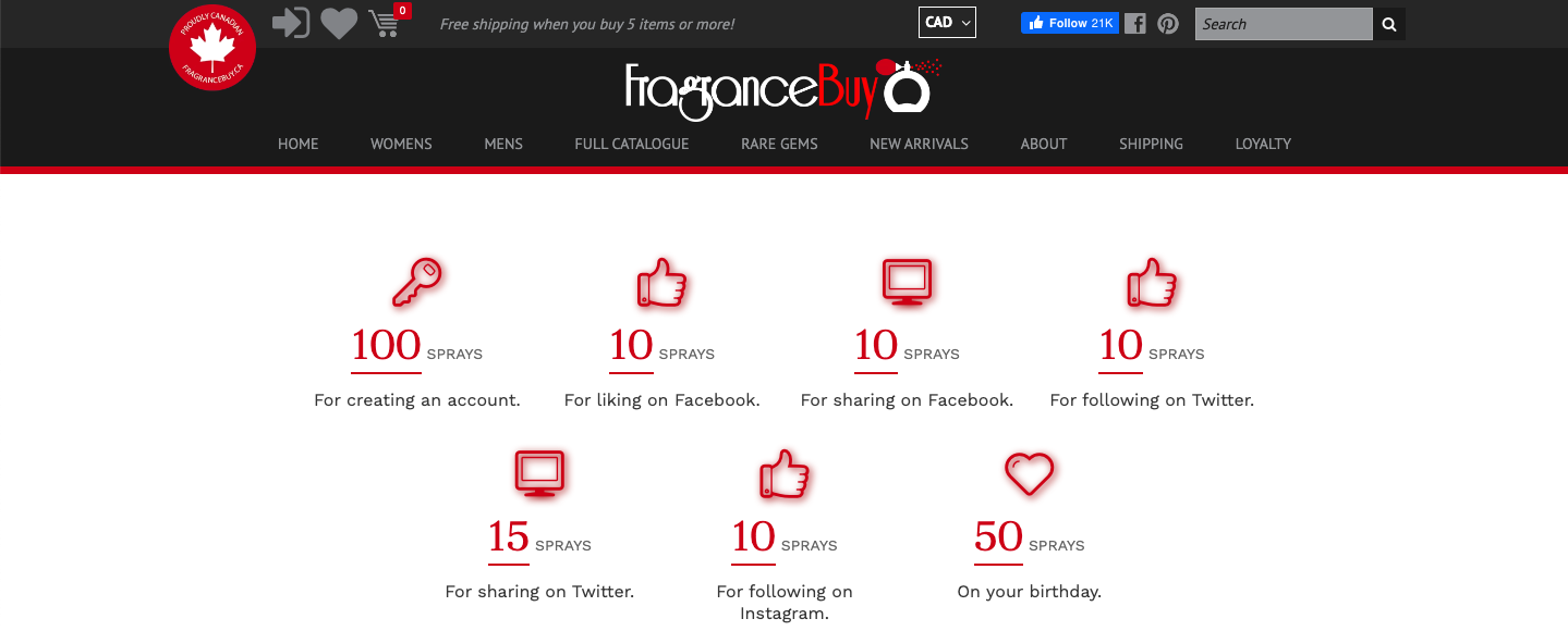 Fragrance Buy offers points for completing actions on social media.