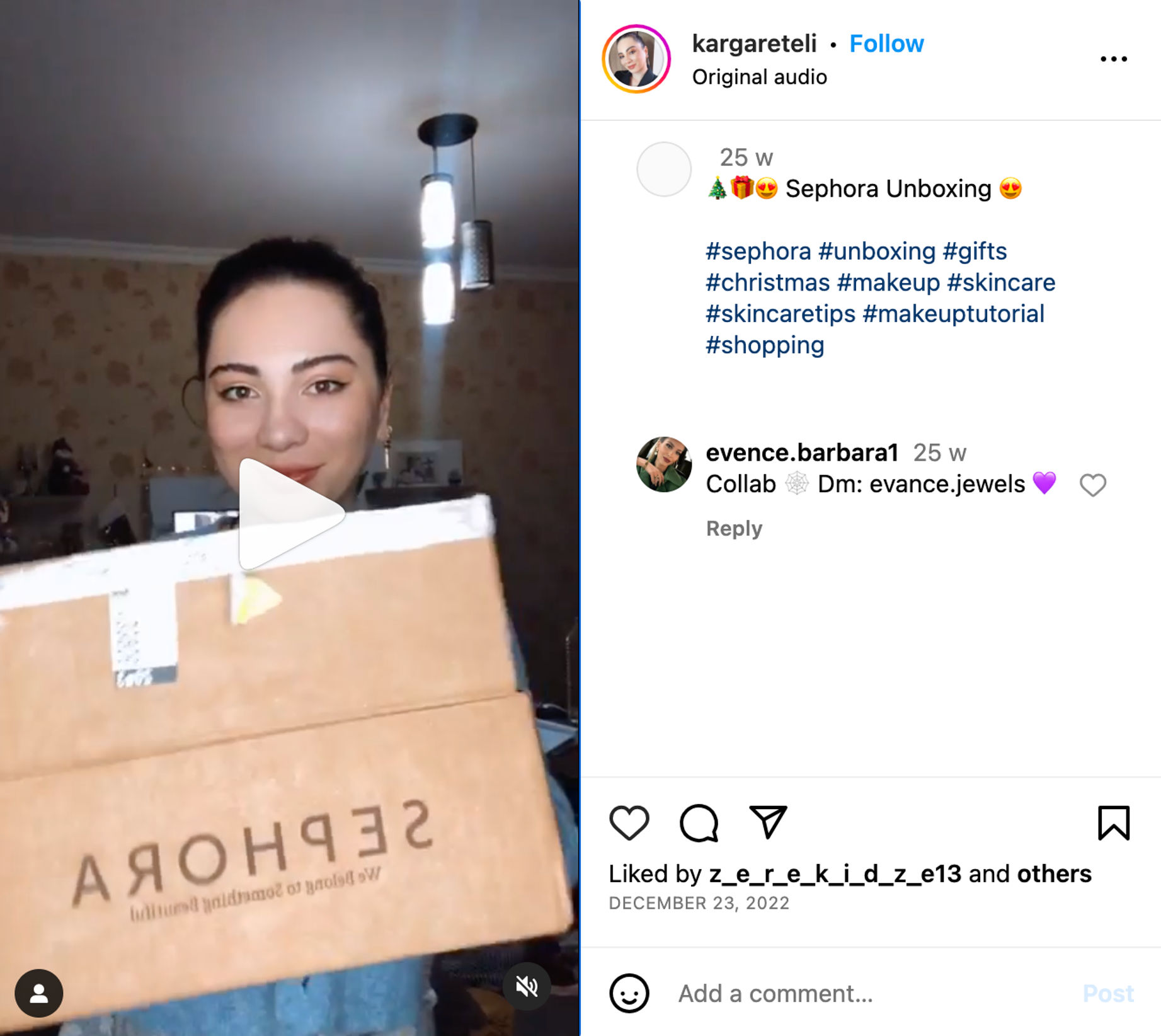 a woman holding a cardboard box with the word sephora on it