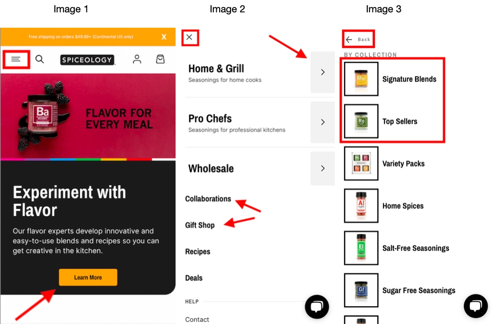 Spiceology uses different navigation techniques to maintain a visual hierarchy.